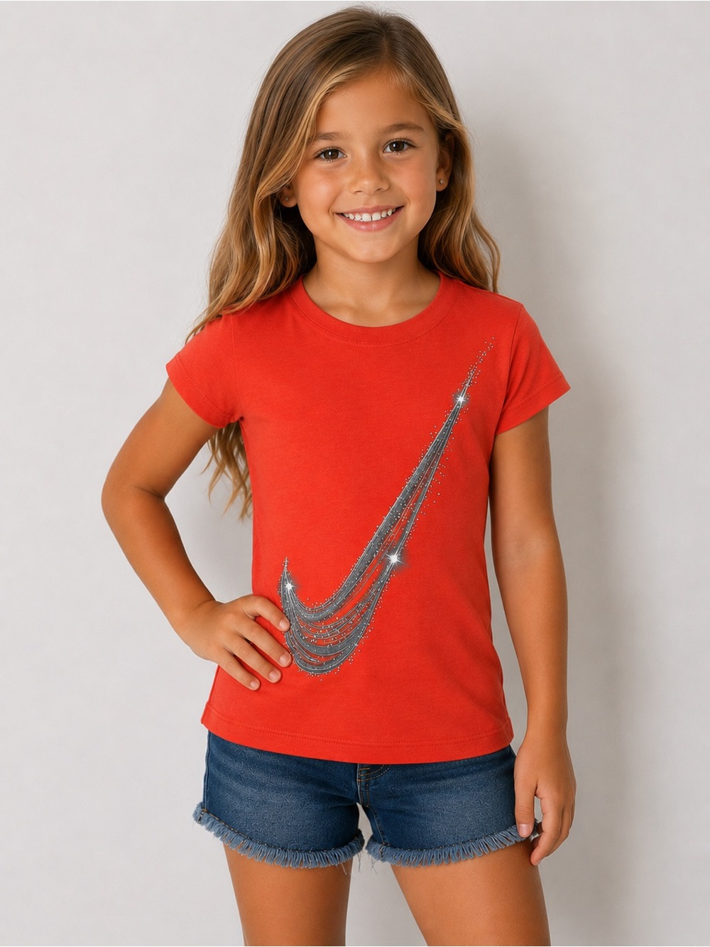Nike Orange & Silver Short Sleeve 100% Cotton Tee Shirt Nike Swoosh Girls Size 5